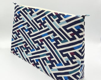 JUMBO Extra Large Zipper Pouch Bag - Geometric stripes, blue, navy, teal