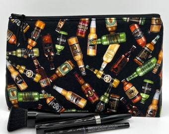 Large Zipper Pouch,  toiletry bag, travel bag, cosmetic bag, toy bag - Beer, Beer bottles and caps