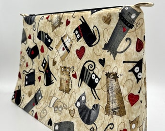 JUMBO Extra Large Zipper Pouch Bag - Cats, Kitties, Hearts, Cat Love by Bonnie Lemaire for Northcott Fabrics