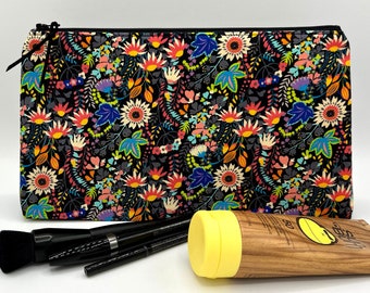 Large Zipper Pouch,  toiletry bag, travel bag, cosmetic bag, toy bag - Floral (black background) Paradiso by Sally Kelly for Windham fabrics