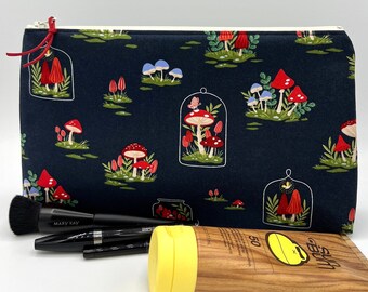 Large Zipper Pouch,  toiletry bag, travel bag, cosmetic bag, toy bag - Mushroom garden (navy background)