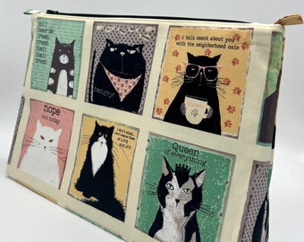 JUMBO Extra Large Zipper Pouch Bag - Cats, Kitties, Snarky Cats by Dan DiPaolo for Clothworks fabric