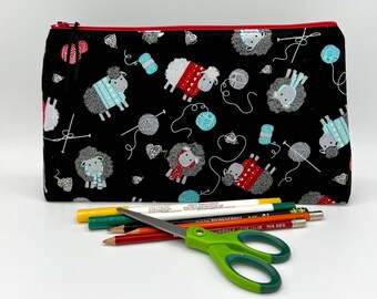 Large Zipper Pouch,  toiletry bag, travel bag, cosmetic bag, toy bag - Love to Knit, Sheep, Yarn