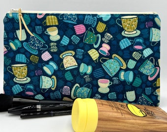 Large Zipper Pouch,  toiletry bag, travel bag, cosmetic bag, toy bag - Tea, Tea Cups