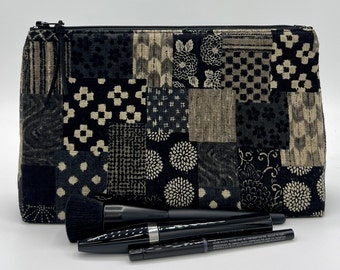 Medium Makeup Cosmetic bag -  Patchwork (black background), Boro by Sevenberry fabrics