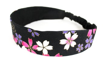 Women's hair band with pink, purple and black flowers