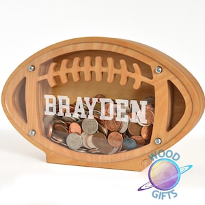 Personalized Football Piggy Bank, Wooden Coin Bank, Nursery Decor