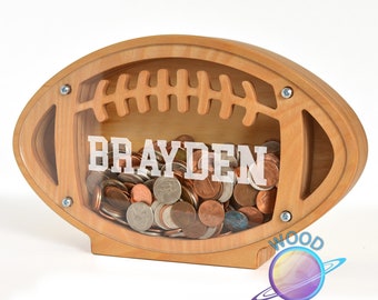 Football ball wooden piggy bank Personalized Christmas baby boy kid gift Rugby sport nursery decor Montessori wooden toy