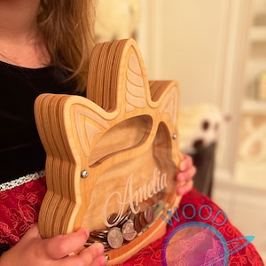 UNICORN piggy bank Montessori  toy Wooden home adventure nursery decor Unique baby shower Christmas birthday gift for boy girl kids