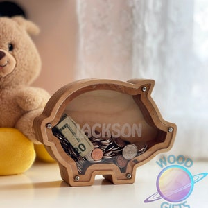 Godchild gift for boy Piggy Bank Coin Saver -  Custom personalized baby boy girl gift -  Montessori wooden piggy toy First birthday gift