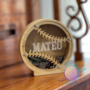 Baseball Piggy Bank gift for kids Custom personalize baby boy girl gift Montessori wooden toy First birthday gift