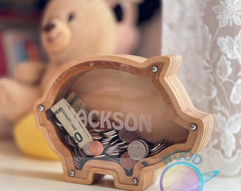 Piggy Bank  Coin Saver gift for kids -  Custom personalized baby boy girl gift -  Montessori wooden piggy toy First birthday gift