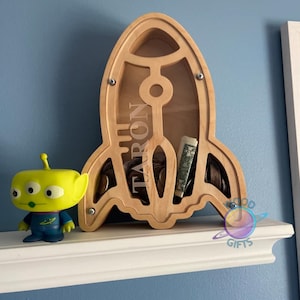 Space Rocket Ship Piggy Bank gift for Boys Custom personalized baby boy girl toy gift Montessori wooden toy Toddler birthday gift
