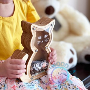Personalized Wooden Cat Piggy Bank: Engraved Name Coin Bank