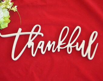 Thankful Sign, Rustic Word Art, Farmhouse Decor, Wooden Wall Decor, Wood Word Cutout, Unpainted, Wreath Sign, Housewaming Gift, Word Sign