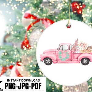 Christmas Truck Pink Ornament Sublimation Design, Vintage truck Christmas tree ornament home decor for the holiday png jpg pdf sublimation