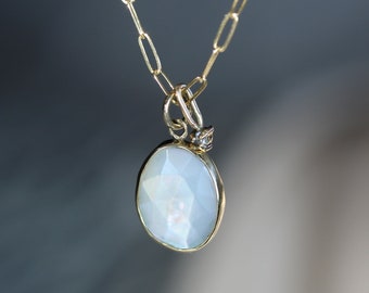 Timeless Rosecut Mother of Pearl + Moissanite Diamond Necklace Handcrafted in 14k Solid Yellow Gold. Anniversary, Birthday or Holiday Gift.