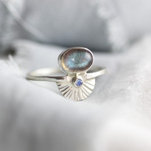 Size 8 Labradorite Moonstone Art Deco Ring Handcrafted in Sterling Silver. One of a Kind Ring. Birthday, Anniversary or Holiday Gift. image 1