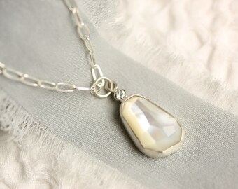 Timeless Rosecut Mother of Pearl + Moissanite Diamond Necklace Handcrafted in Sterling Silver. Anniversary, Birthday or Holiday Gift.