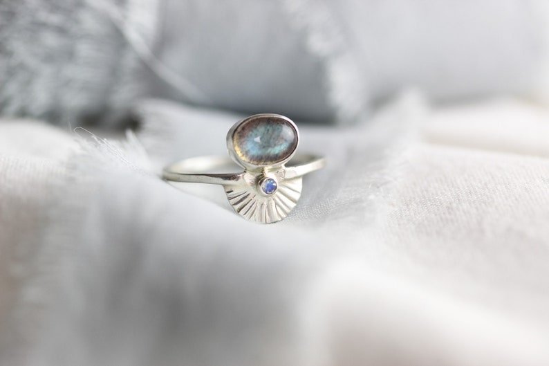 Size 8 Labradorite Moonstone Art Deco Ring Handcrafted in Sterling Silver. One of a Kind Ring. Birthday, Anniversary or Holiday Gift. image 1