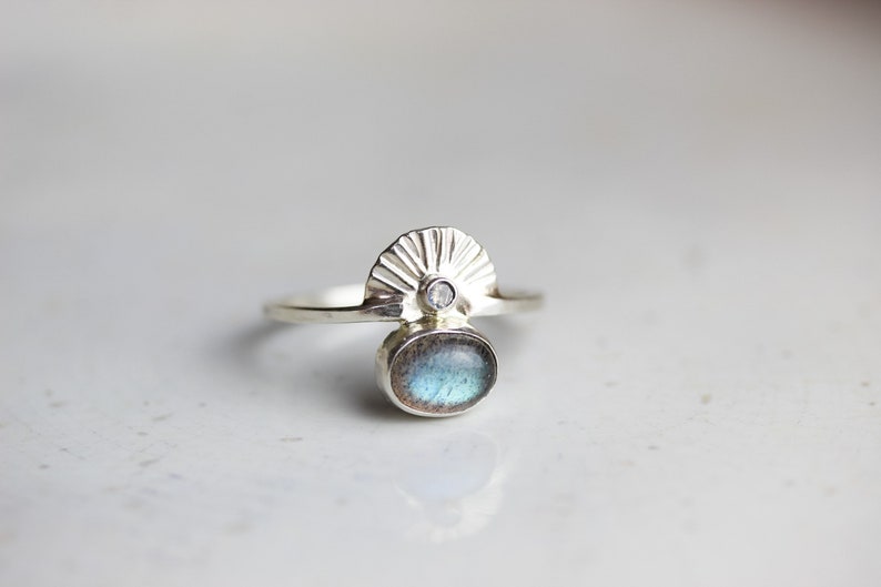 Size 8 Labradorite Moonstone Art Deco Ring Handcrafted in Sterling Silver. One of a Kind Ring. Birthday, Anniversary or Holiday Gift. image 4