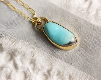 Vivid Campitos Turquoise Necklace Handcrafted in 14k Solid Yellow Gold. Anniversary, Birthday or Holiday Gift.