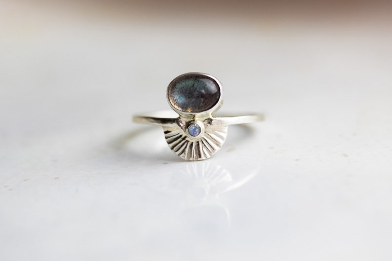 Size 8 Labradorite Moonstone Art Deco Ring Handcrafted in Sterling Silver. One of a Kind Ring. Birthday, Anniversary or Holiday Gift. image 5