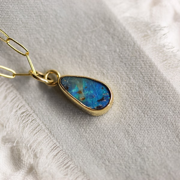 Tiny Iridescent Blue Boulder Opal Necklace Handcrafted in 14k Solid Yellow Gold. Anniversary, Birthday or Holiday Gift.