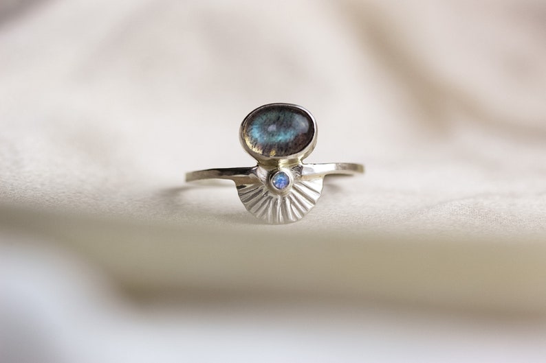 Size 8 Labradorite Moonstone Art Deco Ring Handcrafted in Sterling Silver. One of a Kind Ring. Birthday, Anniversary or Holiday Gift. image 7