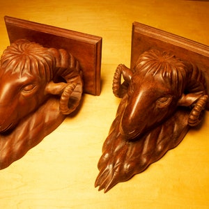 Antique Black Forest Ram Head Carved Wall Shelves- a Pair