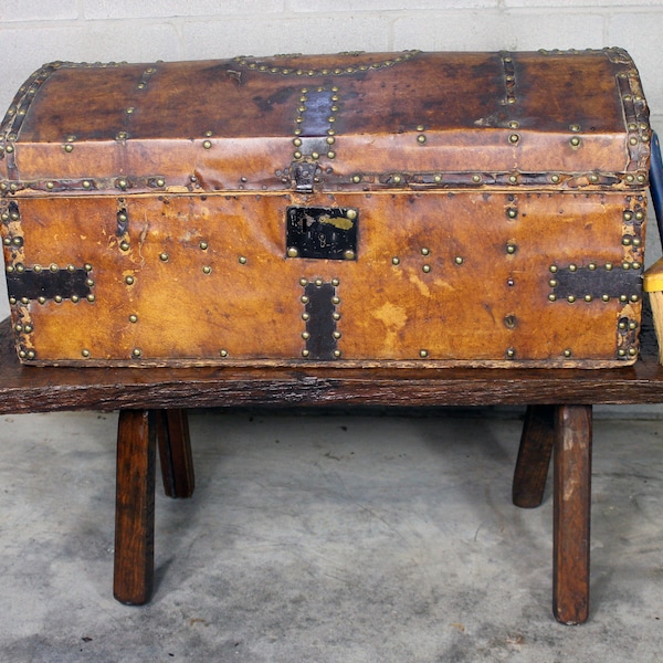 Antique Leather & Hide Covered Dome Top Trunk