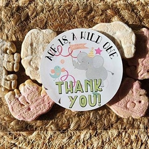 Wild One Safari Thank You Stickers -Customizable Party Animal Decor for Wild Birthday Celebration with Zoo Animals, Elephant, Lion, Two Wild