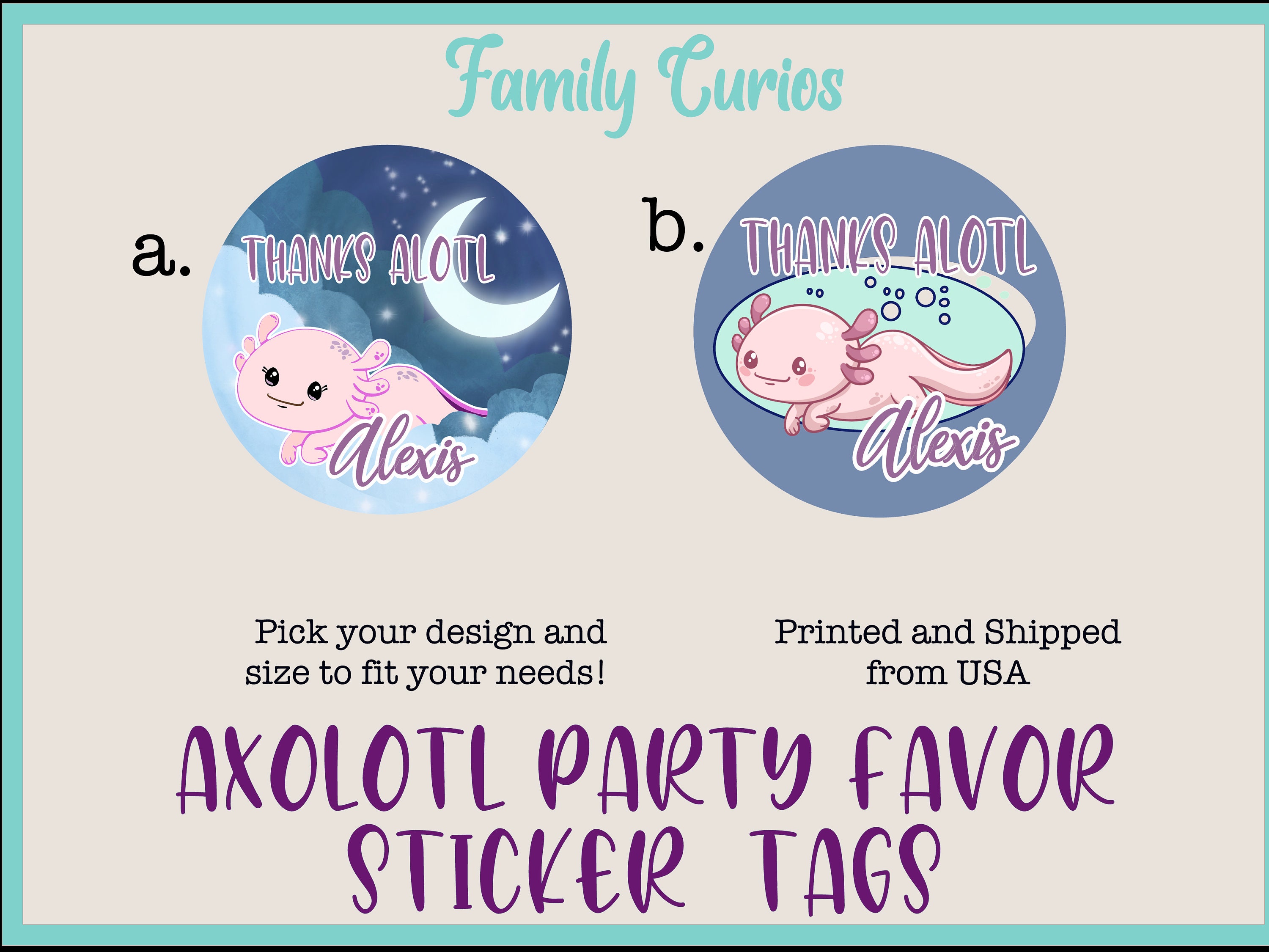 Axolotl Party Favor Sticker Tags, Personalized Axolotl Thank You Tags,  Axolotl Birthday Party Favors, 