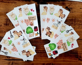 May include: A collection of white rectangular stickers featuring farm animals, including sheep, pigs, horses, and cows. Each sticker has a cartoon illustration of a farm scene with a sun, a tree, and the text "Sahaan's Birthday".