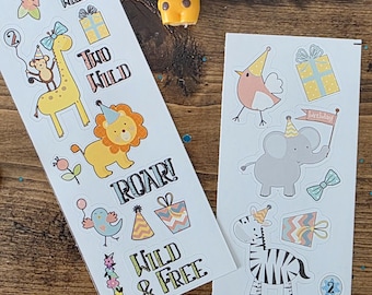 Two Wild Birthday Party Favor Stickers, Safari 2nd Birthday Treat Bag Labels,  Personalized Wild Animal Favors