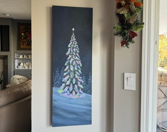 Christmas tree glowing at night in the forest original painting colorful Christmas tree with lights at night 12” inches x 36”
