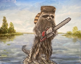 Raccoon wearing a coonskin cap holding a chainsaw riding a crocodile. His name is Frank and he's ready for the weekend. Artist signed print.