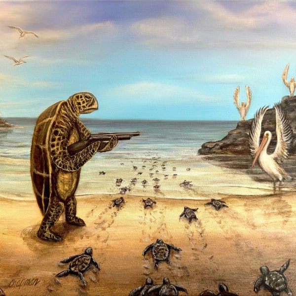 Sea Turtle Protecting his babies from sea birds as they crawl towards the ocean.Adjusting the odds.  Artist signed print, multiple sizes.