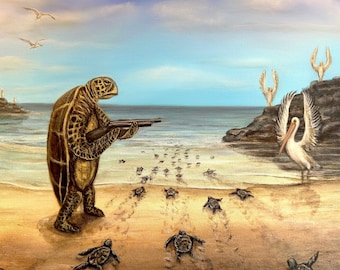 Sea Turtle Protecting his babies from sea birds as they crawl towards the ocean.Adjusting the odds.  Artist signed print, multiple sizes.