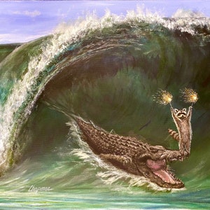 My wave raccoon surfing on a large alligator sea Croc. Artist signed print. Multiple variations. Great gift for raccoon fans. Kip and Cyrus