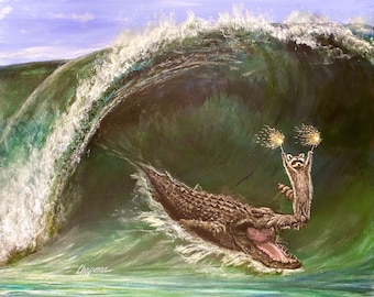 My wave raccoon surfing on a large alligator sea Croc. Artist signed print. Multiple variations. Great gift for raccoon fans. Kip and Cyrus