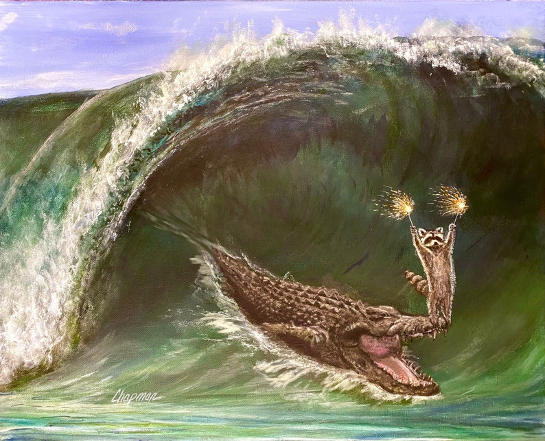 Raccoon riding a large sea crock down a wave surfing on it while holding sparklers, a fearless four-legged creature. My Wave. Kip the raccoon is riding on the tip of his best friend Cyrus the Crocodile's nose.