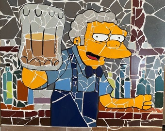 Mosaic print Moe Szyslak from the Simpsons serving up a beer. Artist signed print. Various options.