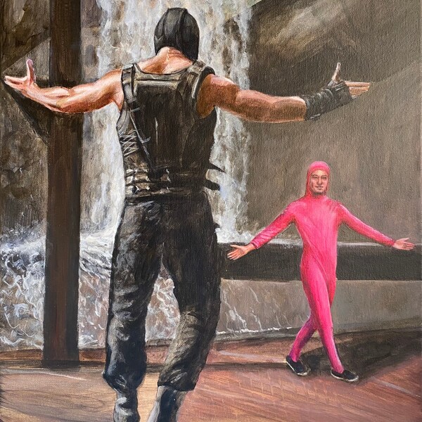 Bane fights pink guy in the tunnels under Gotham. Artist signed print, multiple variations.