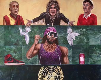Macho man pleads for peace at United Nations. Original, 16x"x20" acrylic painting. Artist signed.