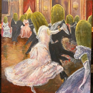 Pickle ball pickles dancing in a ballroom impressionist style. Artist signed print, multiple variations.