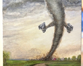 Tornado holding pistols over green grass and fields. Artist signed print, multiple variations.