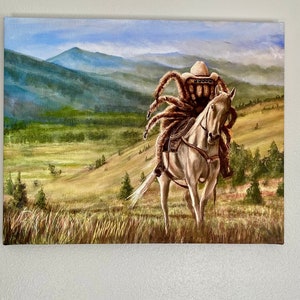 Tarancherla Tarantula rancher wearing a cowboy hat and riding a horse. Artist signed print. Multiple variations. image 5