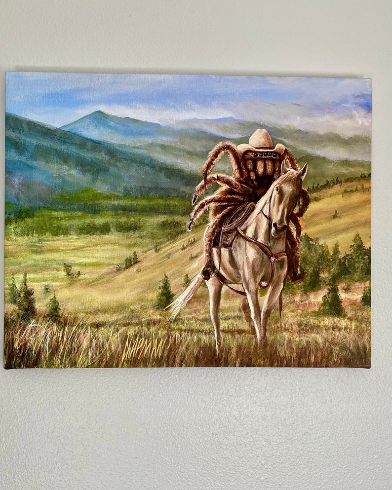 Tarancherla Tarantula rancher wearing a cowboy hat and riding a horse. Artist signed print. Multiple variations. image 5