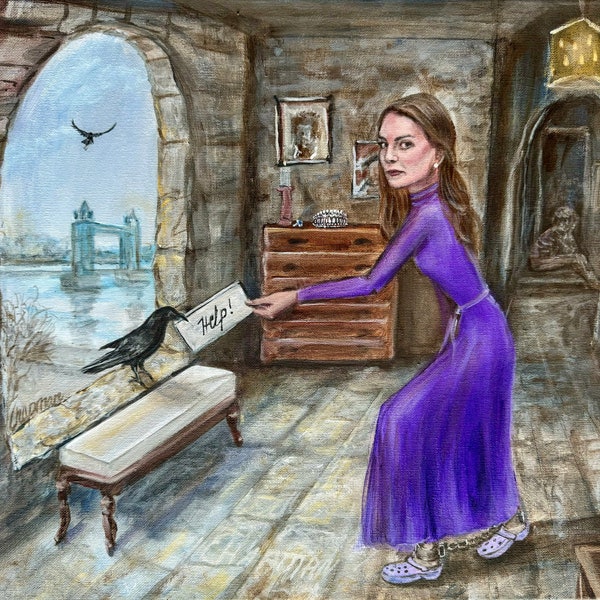 Kate Middleton in the tower of London. Sending help messages with crows. Artist signed print, multiple variations.